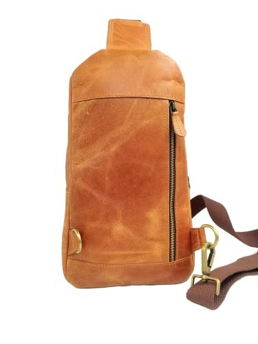 Handmade Buffalo Leather Travel Hiking Crossbody Chest Sling Small Camel Brown