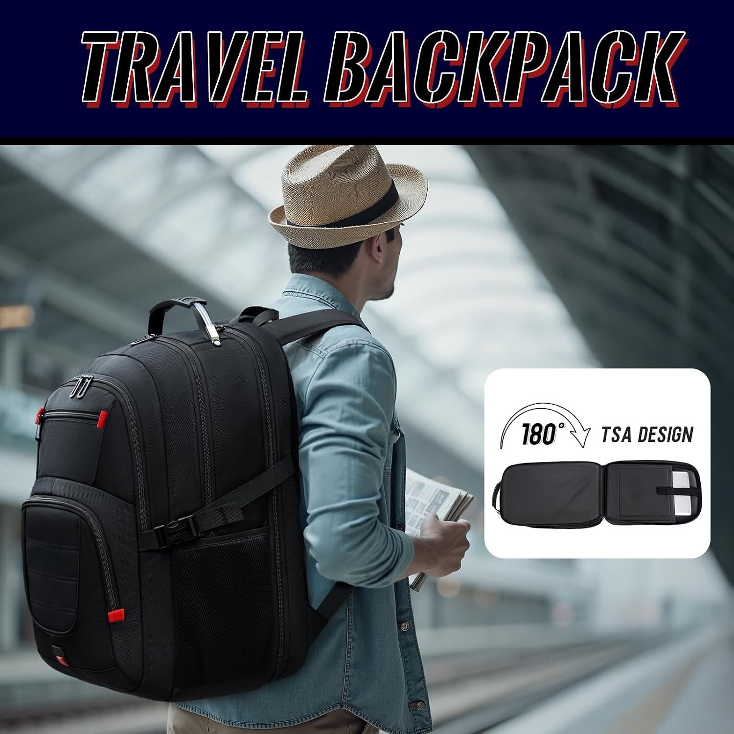 Spacious Carry On 45L Backpack with Padded Laptop Compartment – Travel Black
