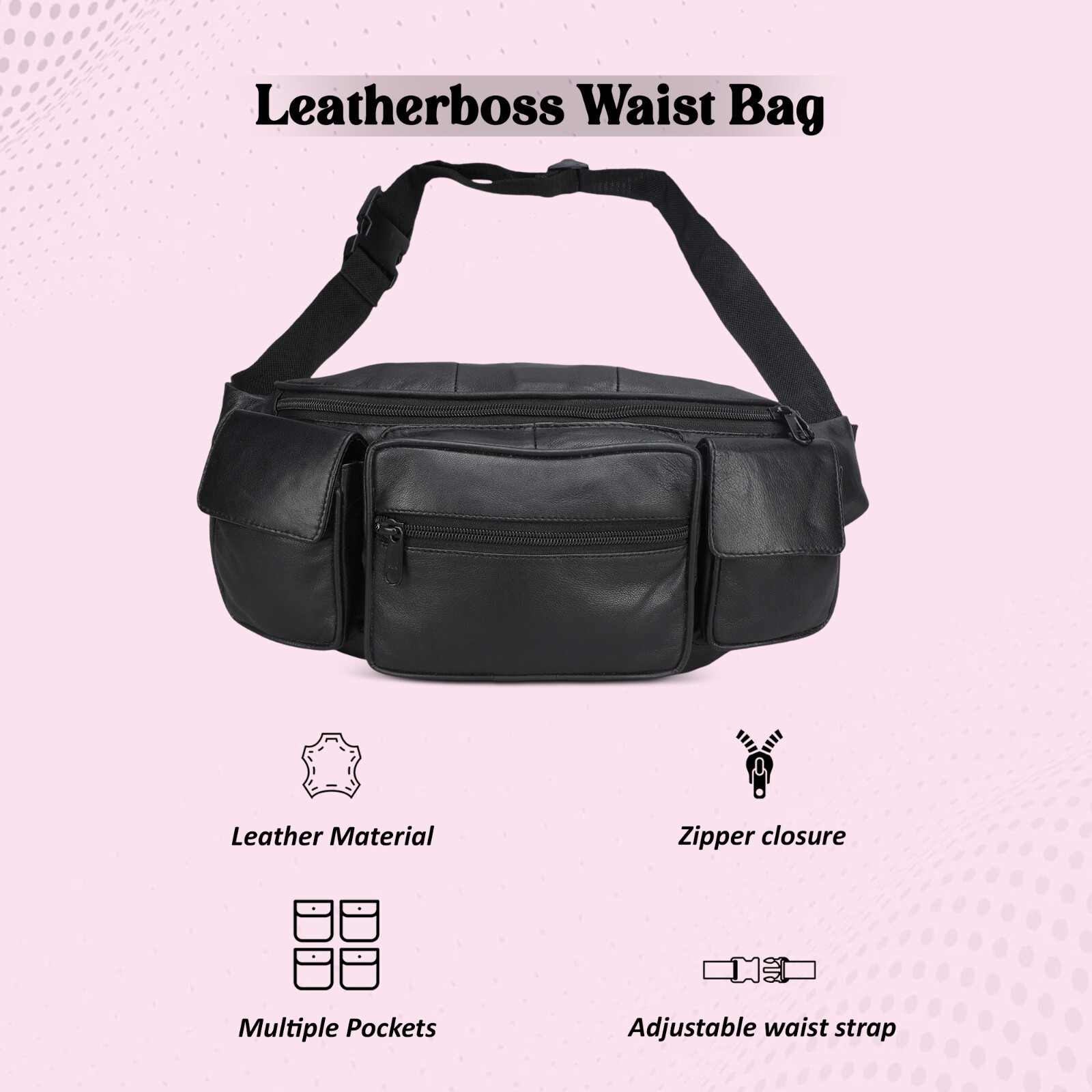 Large Black Solid Leather Waist Fanny Pack Belt Bag Travel Hip Purse
