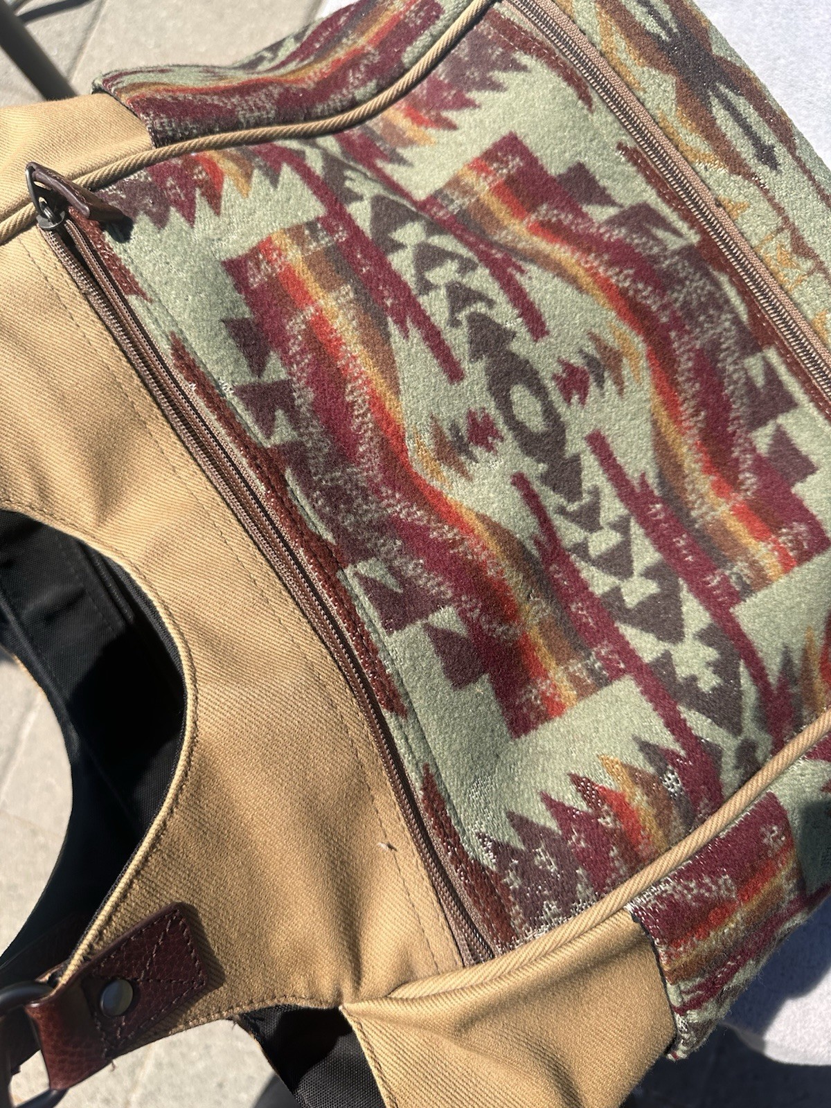 Vintage Pendleton Tan Canvas Wool Geometric Aztec Boho SouthwesternShoulder Bag