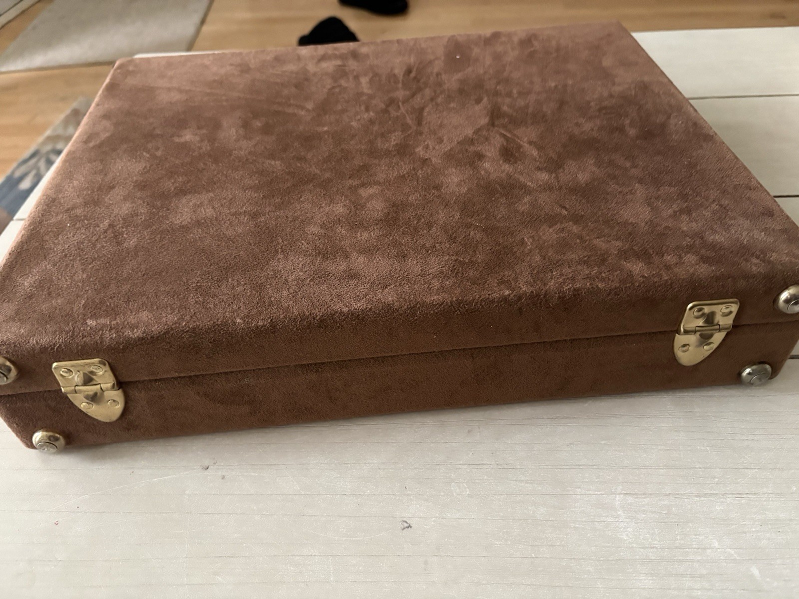 Vtg Brown Suede Attache Briefcase w/ 24K Gold Prestolock Hardware 17x13x3.5”