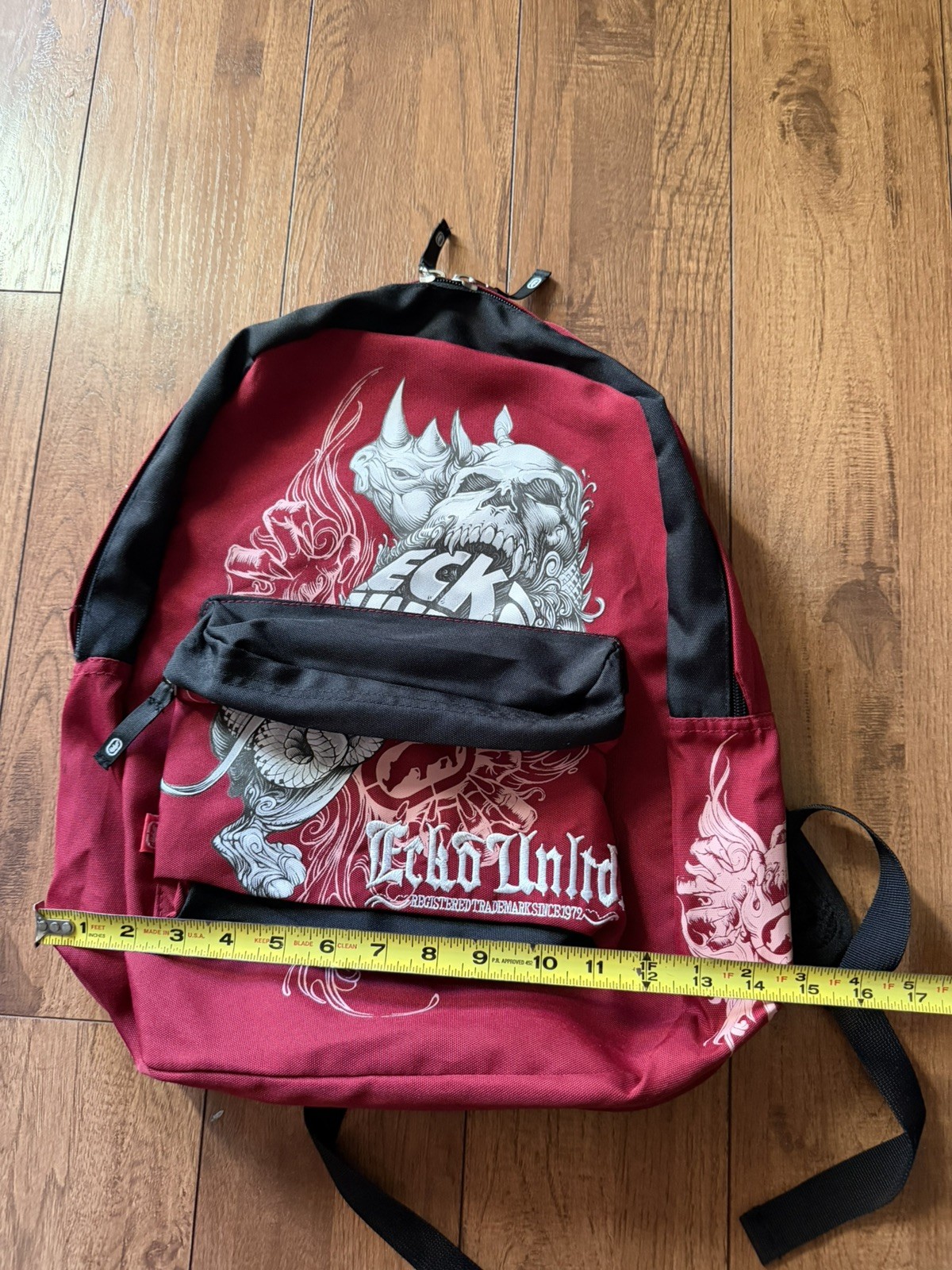 Y2K Rare Ecko Unltd. Unisex Grungy Embroidered Logo Red Rhino Skull Backpack