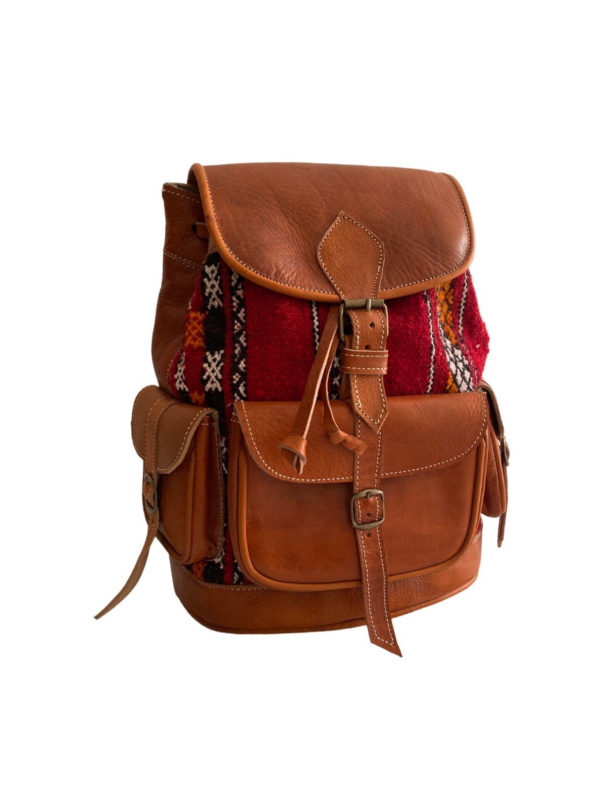 Handcrafted Genuine Leather & Red Kilim Backpack – Tobacco Leather | Leather