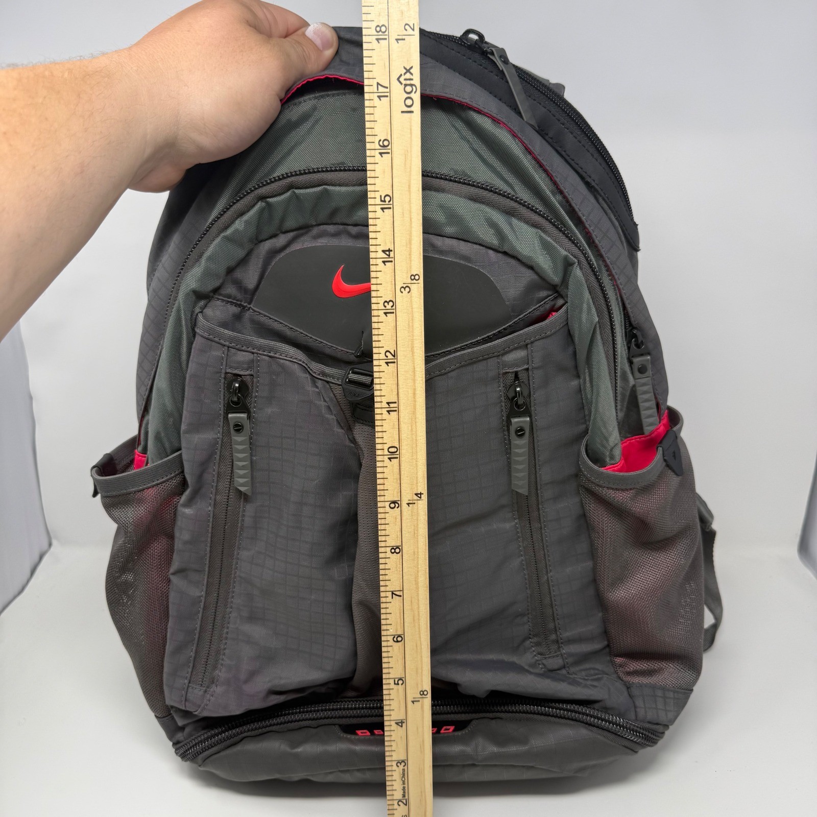 Nike Sport Backpack Grey Red Ripstop Multi-Pocket Shoe Compartment Training Bag