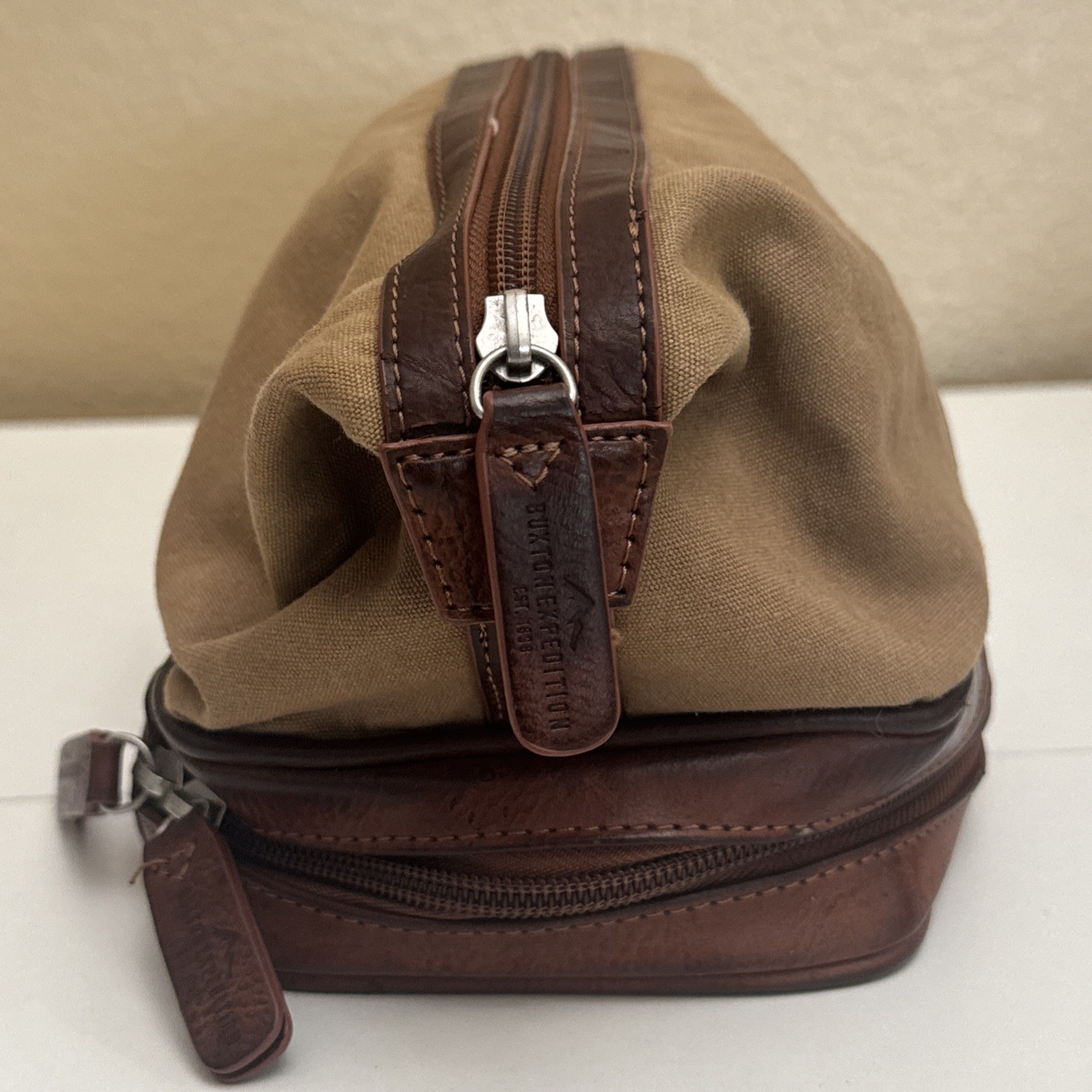 Buxton Brown Expedition Leather Toiletry Shave Bag Zippered 2 Compartment