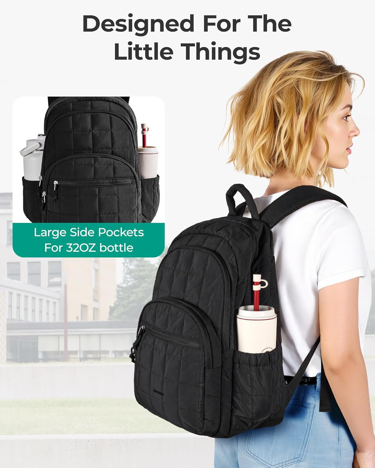 College Laptop Backpack, Travel Backpack for Women, Quilted Casual Daypack, Wate