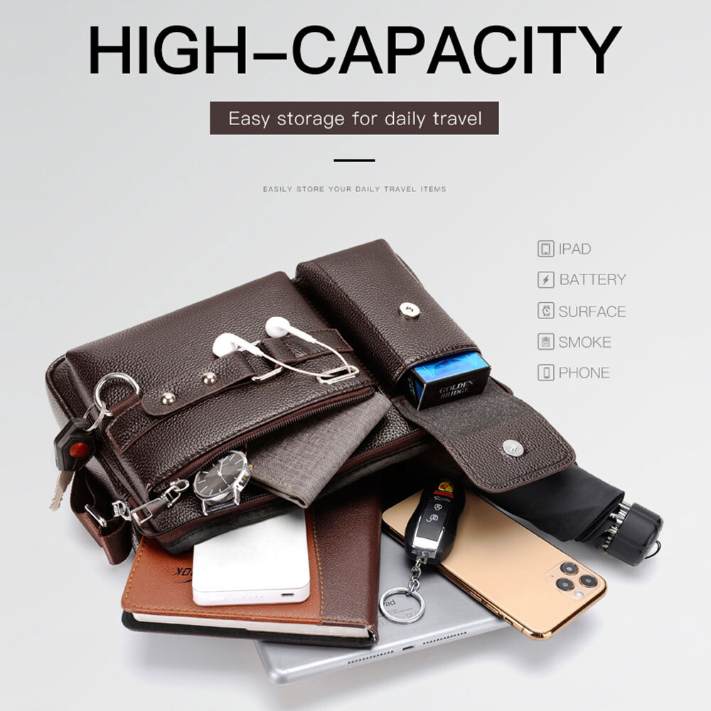 Men’s Business Handbag PU Leather Crossbody Bag Briefcase Shoulder Messenger Bag