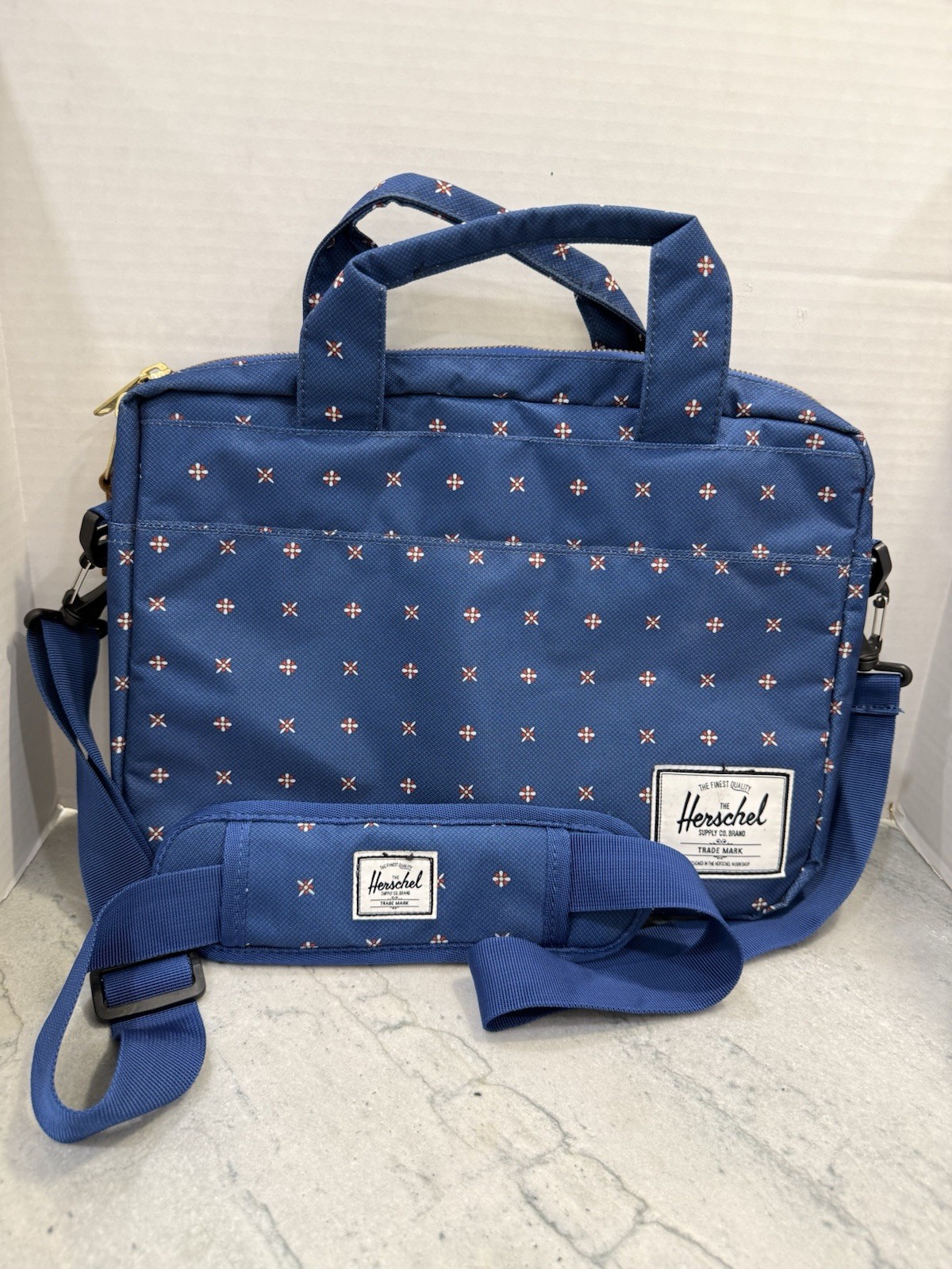 Herschel Blue Geometric Print Laptop Messenger Briefcase Shoulder Bag 15” NWOT