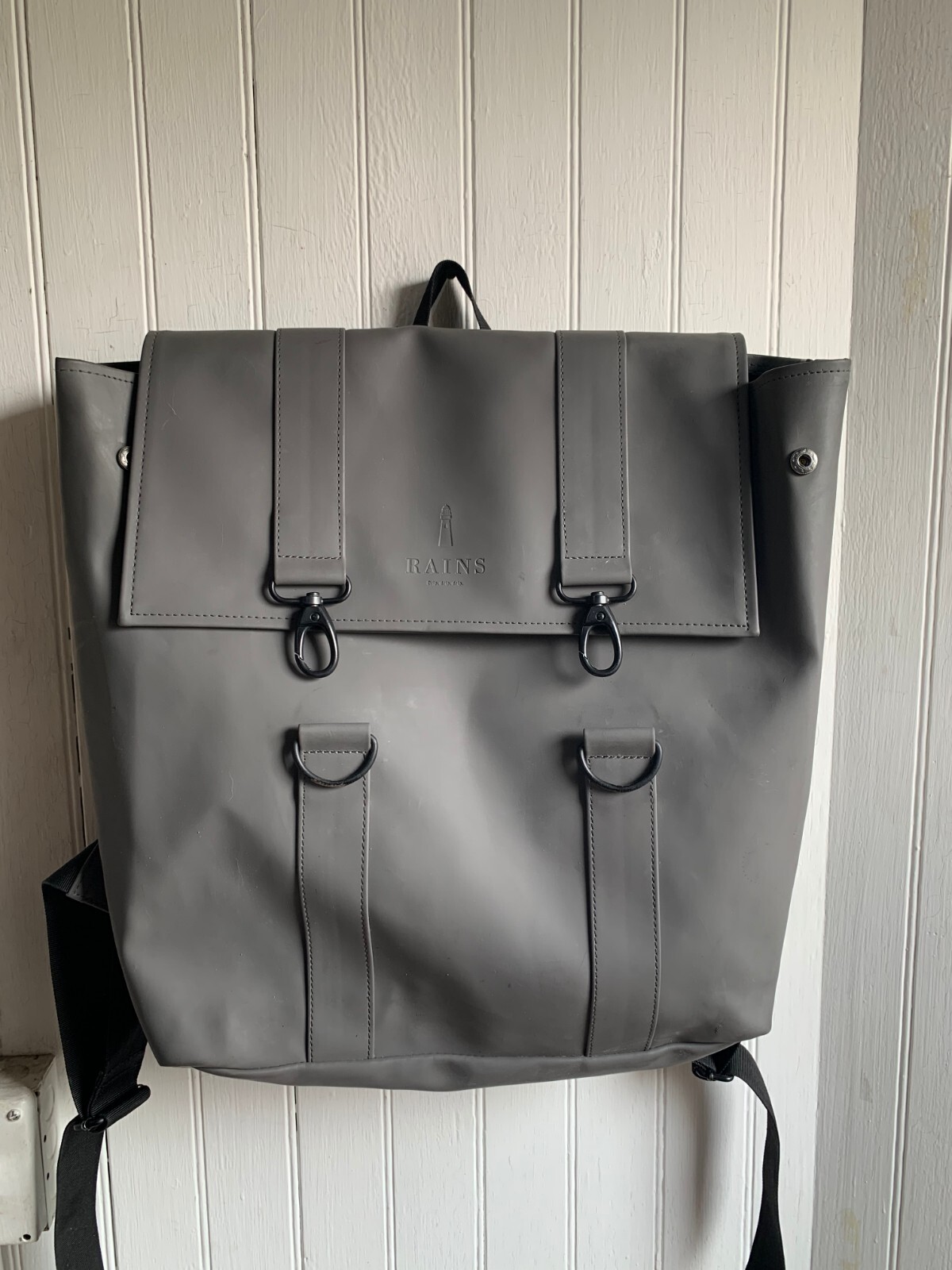 Rains MSN Gray Backpack Waterproof Minimalistic Carabiner Closure Laptop Pocket
