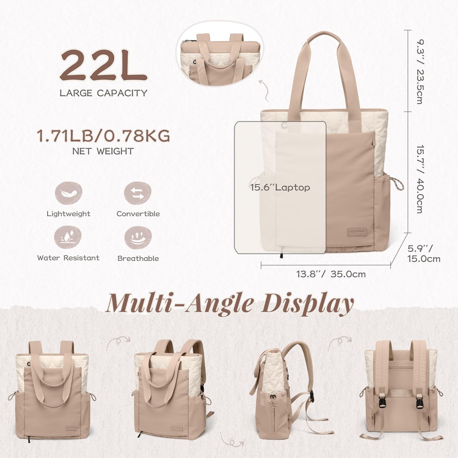 3-in-1 Laptop Tote Backpack for 15.6″ Quilted Work Gym Bag with Yoga Mat Carr…