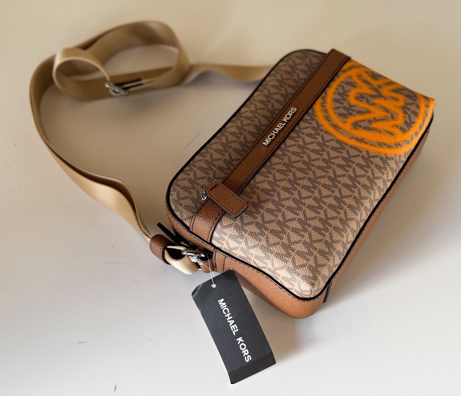 Michael Kors Cooper Utility Crossbody Flight Bag MK Brown/Pop Orange