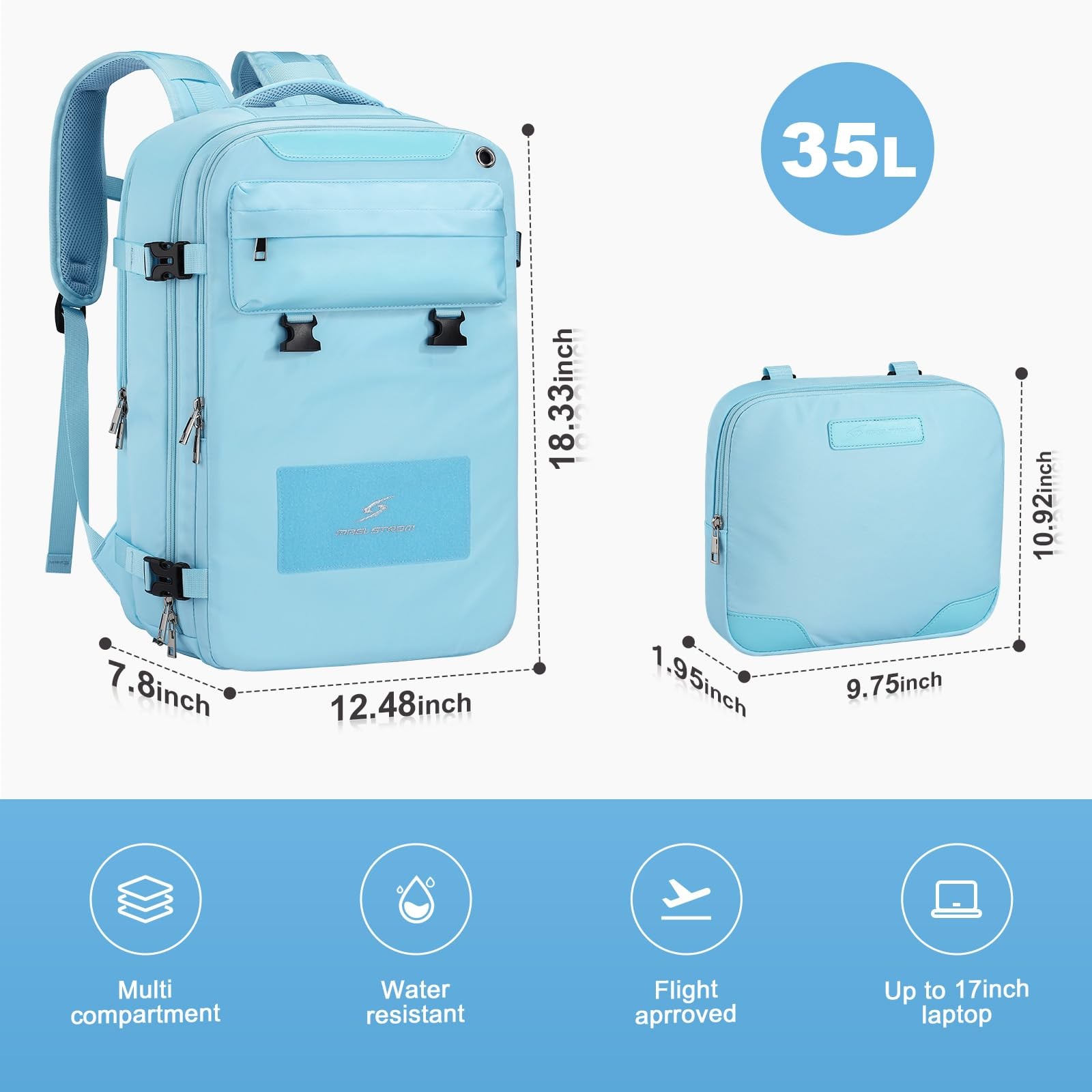 35L Large Upgrade Blue Waterproof Travel Backpack Crossbody Shoe Pocket