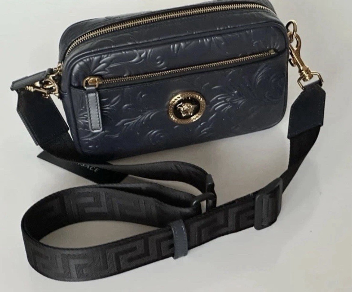 Versace Medusa Head Embossing Calf Leather Blue Crossbody Bag 1005464 IT NWT
