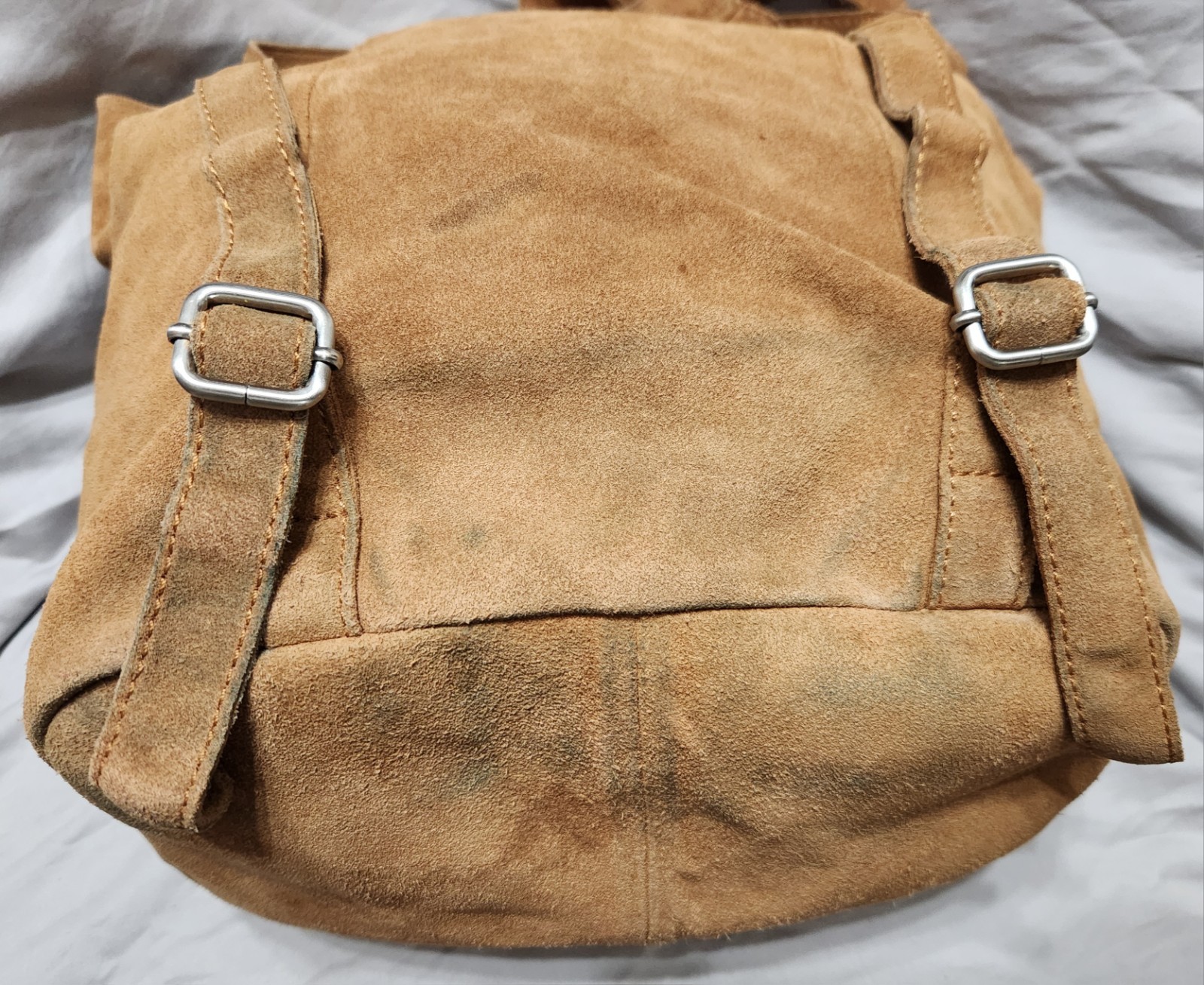 Zara Trafaluc Tan Suede Leather Backpack Rucksack Bag Cotton Linen Lined Boho