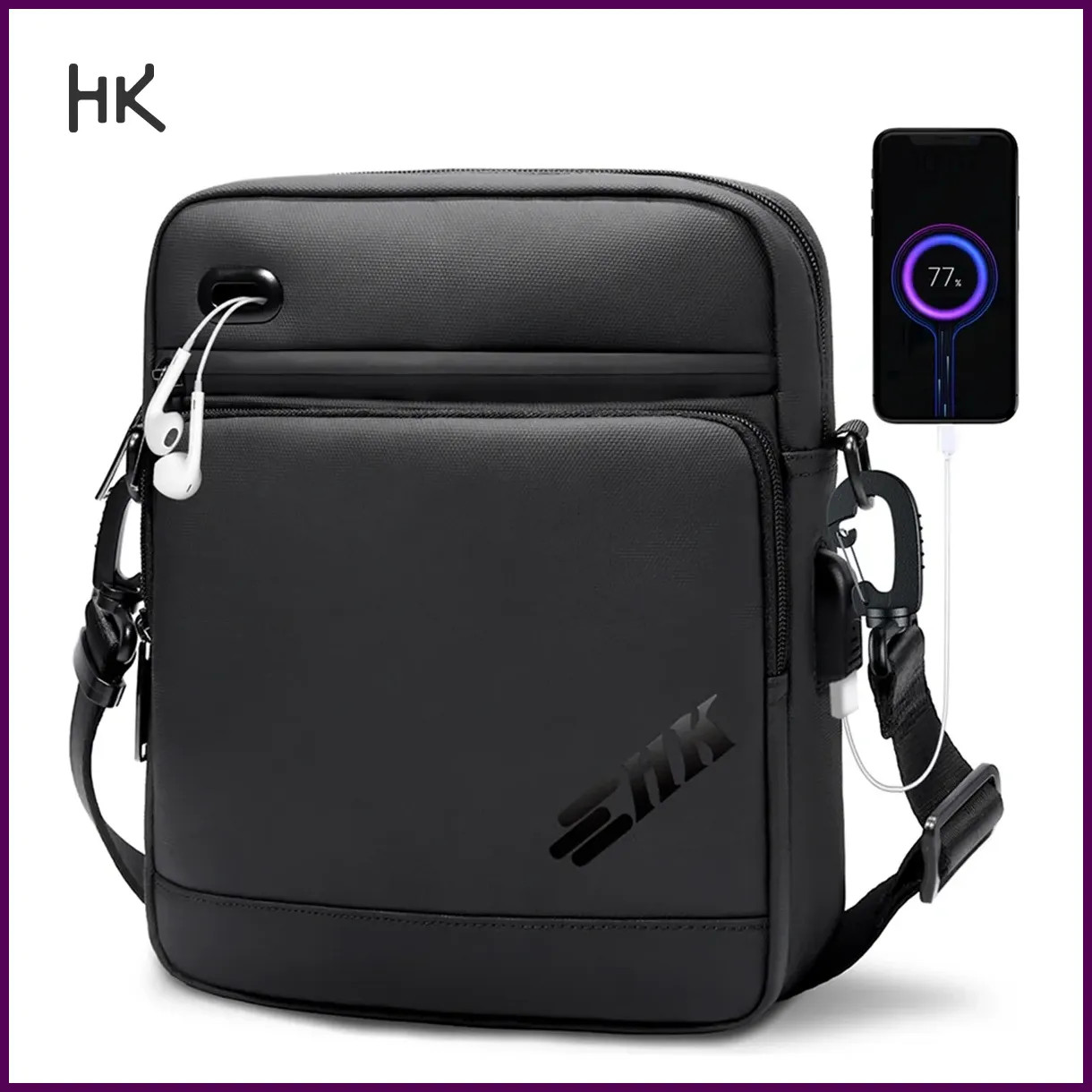 HK Casual Men’s Shoulder Bag Large Crossbody Bag USB Charging Travel Sports
