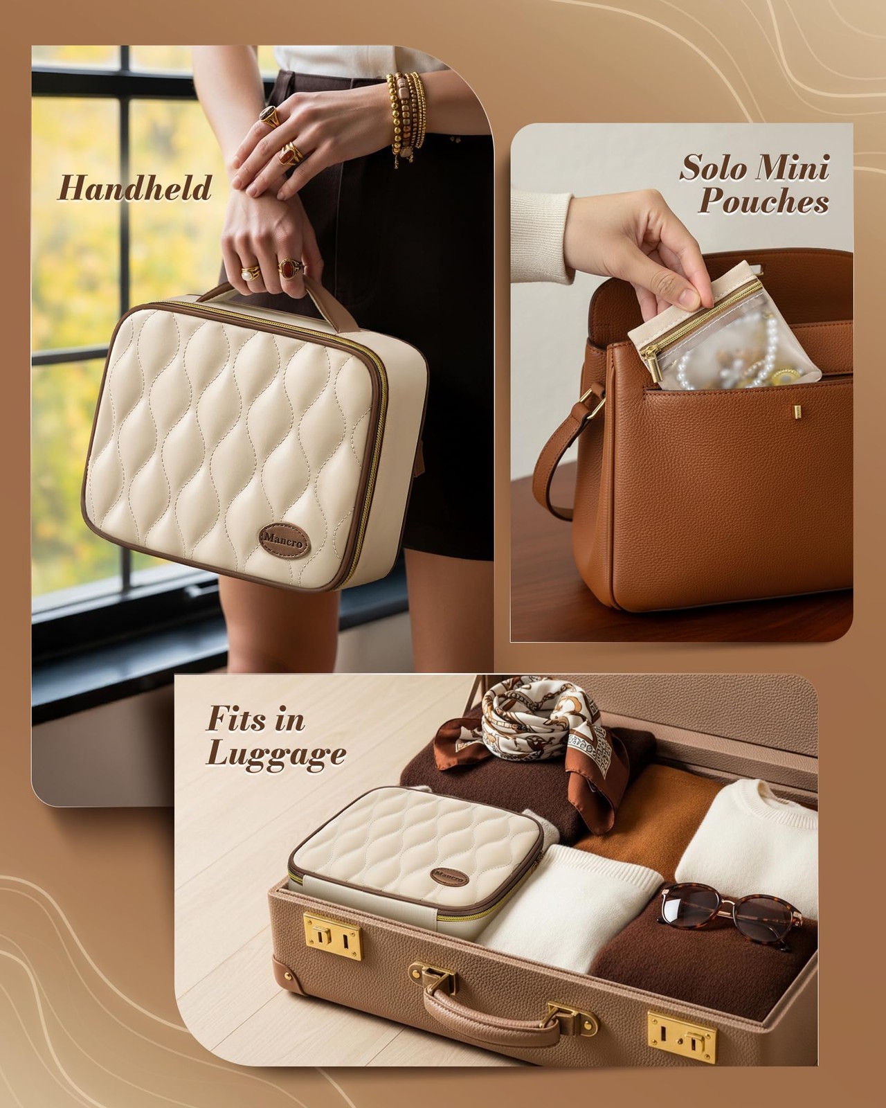 Mancro Travel Jewelry Case Organizer for Women 24.13 x 19.05 x 8.64 cm, Beige