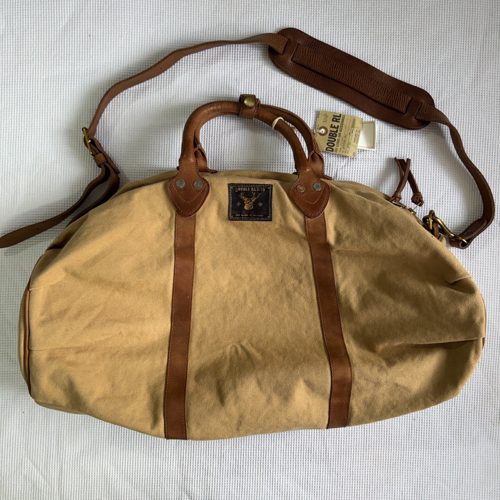 RRL Double RL Ralph Lauren Leather Trim Canvas Douglas Duffel Bag Khaki OS