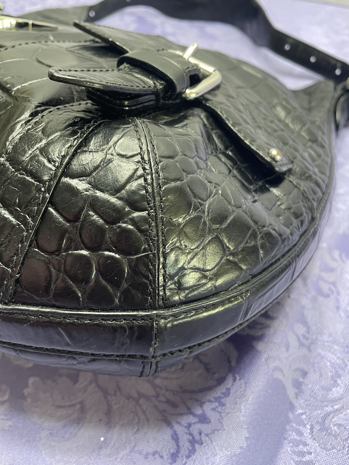 Lauren Ralph Lauren Black Croc Embossed Leather Hobo Shoulder Bag Y2K Push Lock