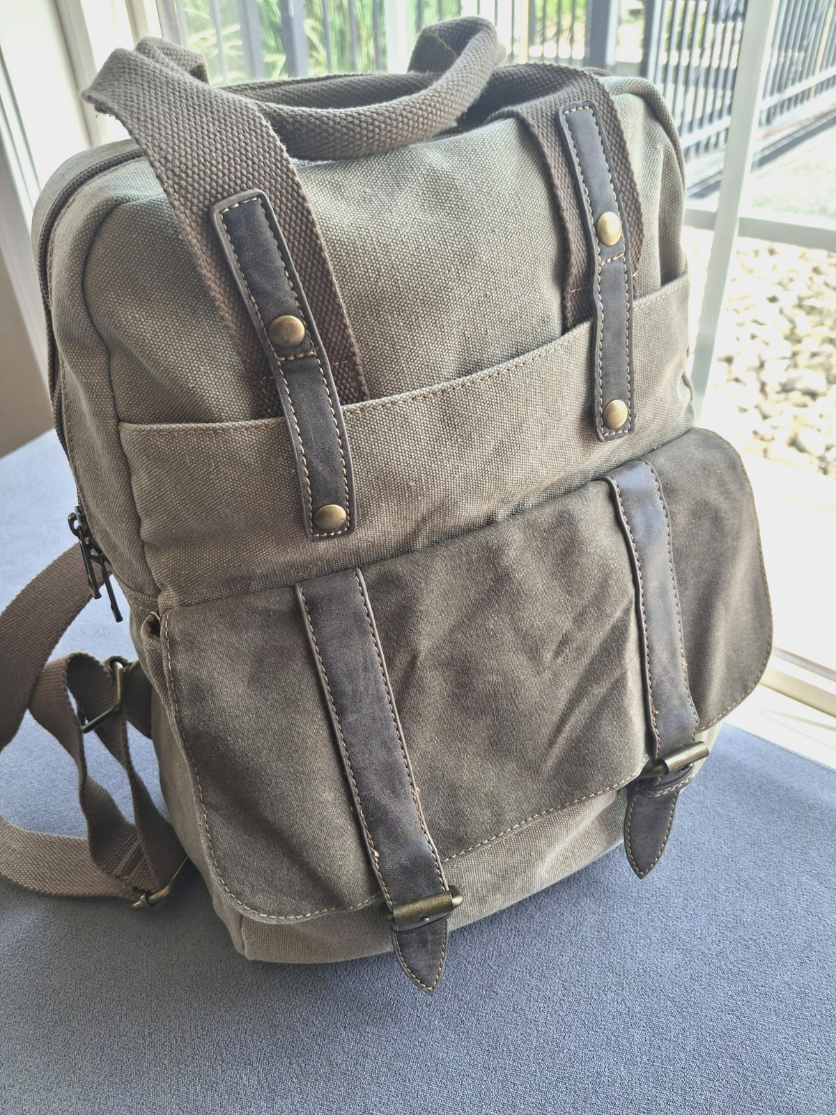 Cargoit Vtg Green Canvas Laptop Backpack Rucksack Leather Trim Magnetic Close