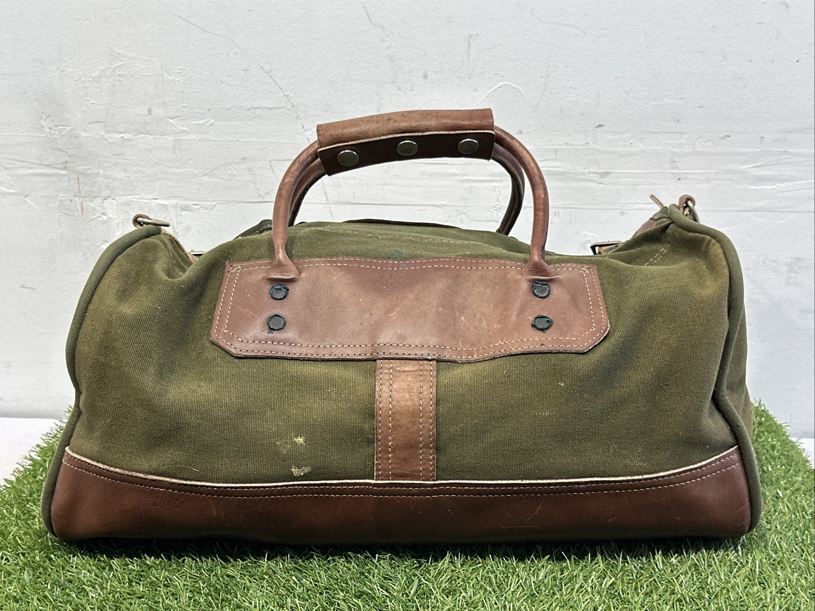 VNTG Orvis Duffle Bag Canvas Leather Green Brown Travel Weekender Luggage Large