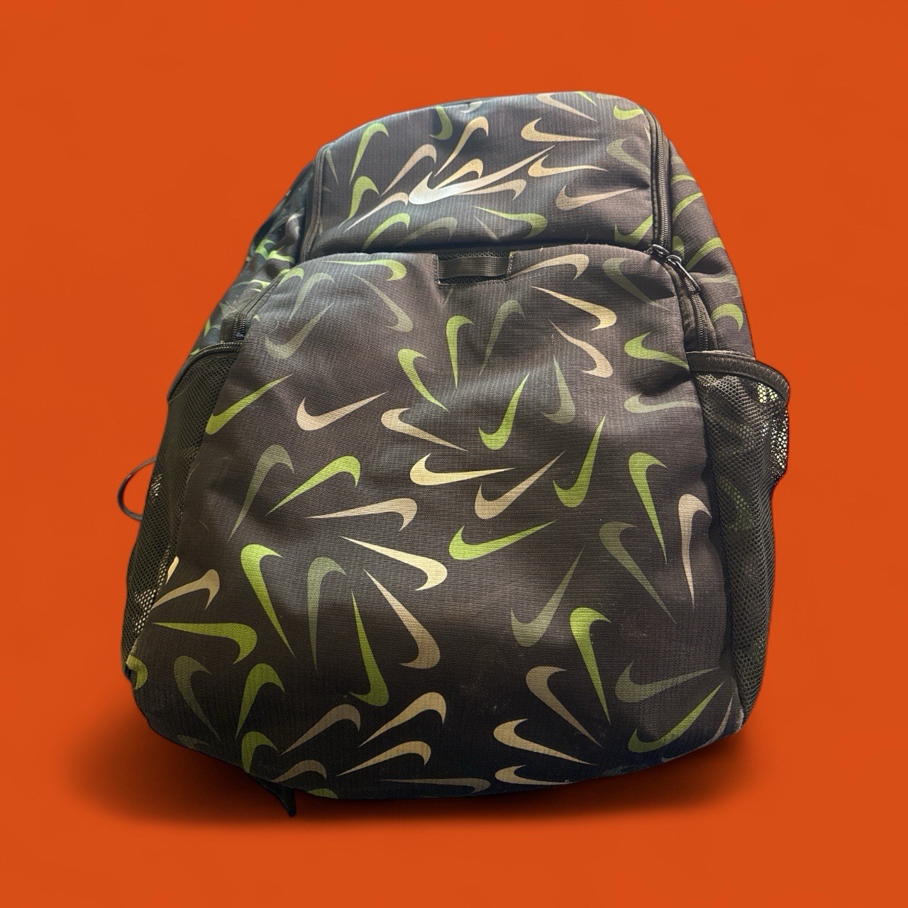 Nike Backpack Black Green Gray Multi Swoosh Print School Travel Bag EUC
