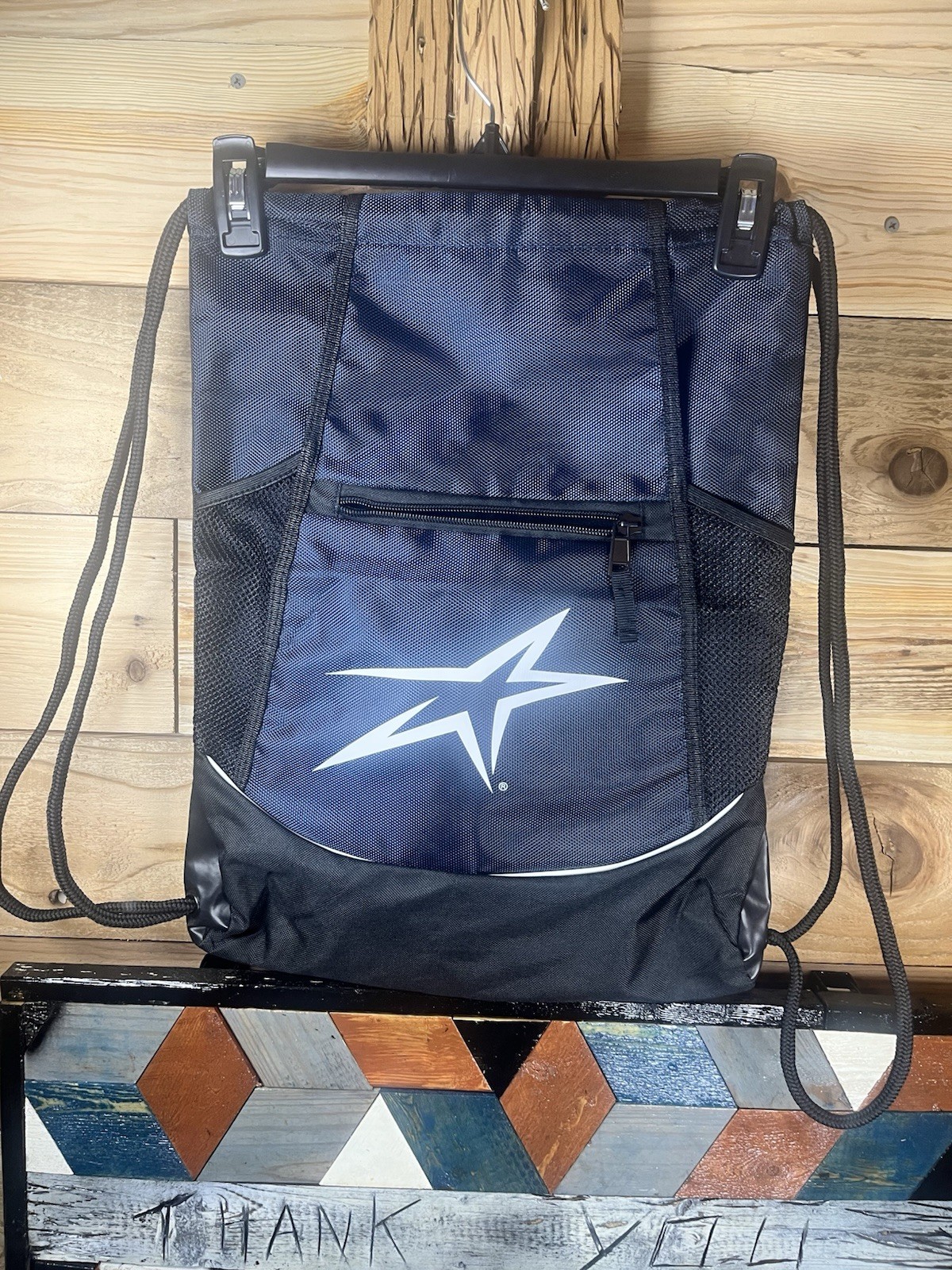 Upward Sports Drawstring Backpack Black/Blue Front Zip Pocket Unisex Adults