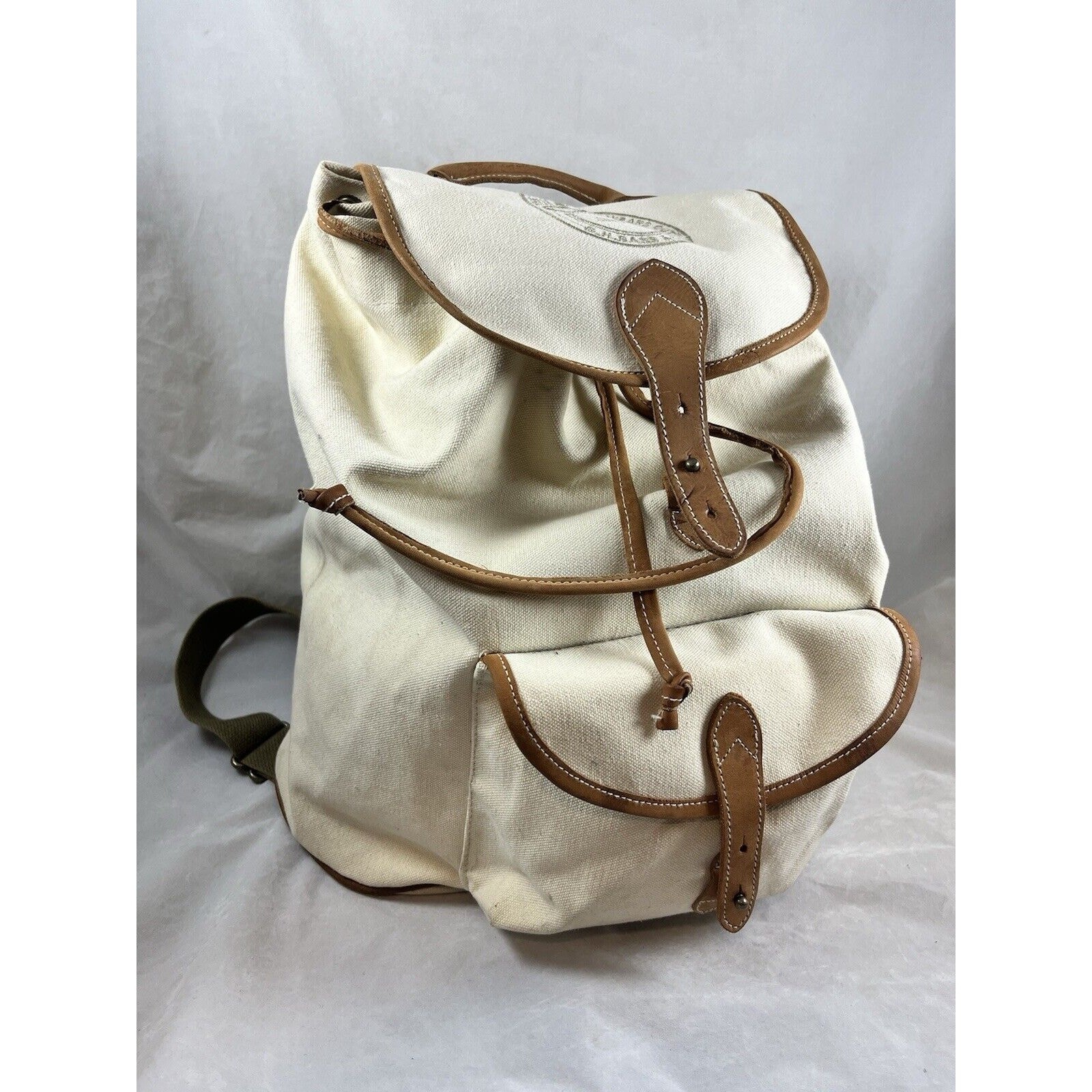 GH Bass Canvas Backpack Rucksack Drawstring Closure Bucket Style Leather Trim