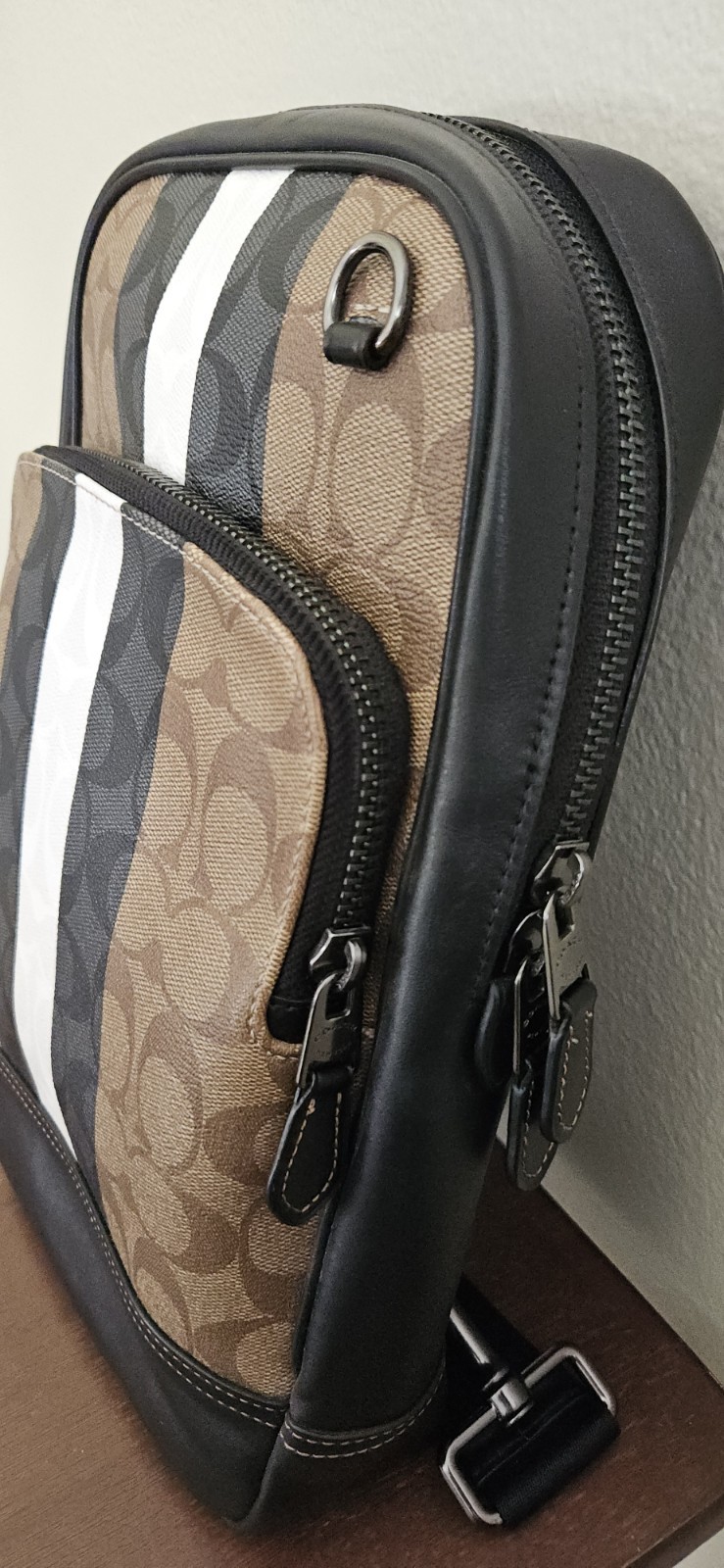 Coach Logo Stripe Sling Backpack, Zip Closure, Adjustable Strap Brown/Black