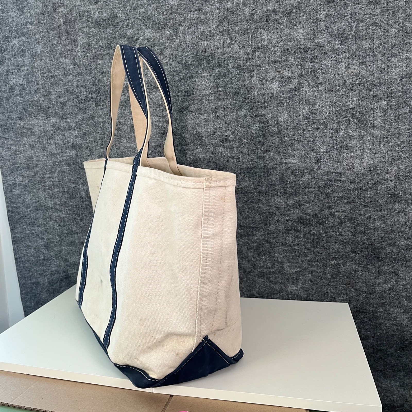 Vintage Boat & Tote Bag LL Bean USA Utility White Navy Outdoors Canvas Beach 80s