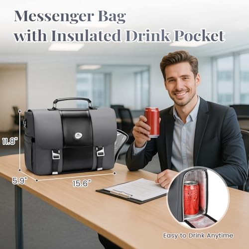 Messenger Bag for Work with Cooler, Stylish PU Leather 15.6 Inch Men’s Laptop