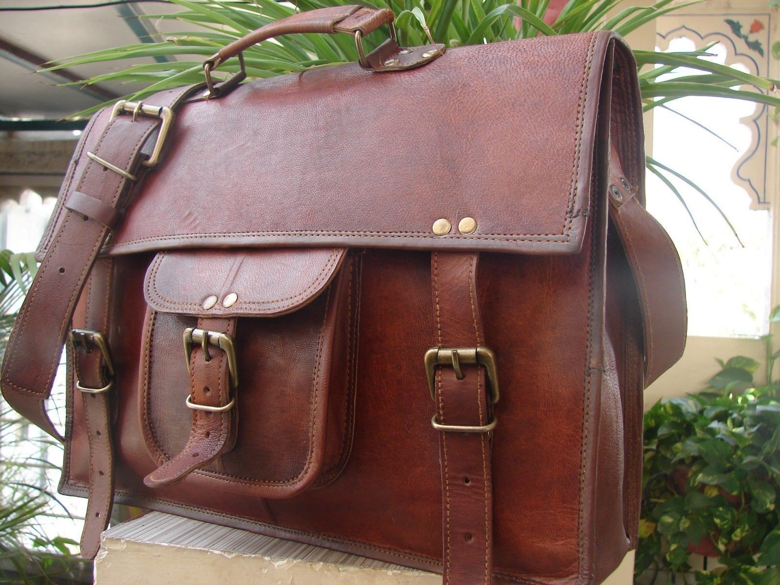 Men’s Genuine Vintage Leather Messenger Bag Shoulder Laptop Bag Briefcase 38Cm