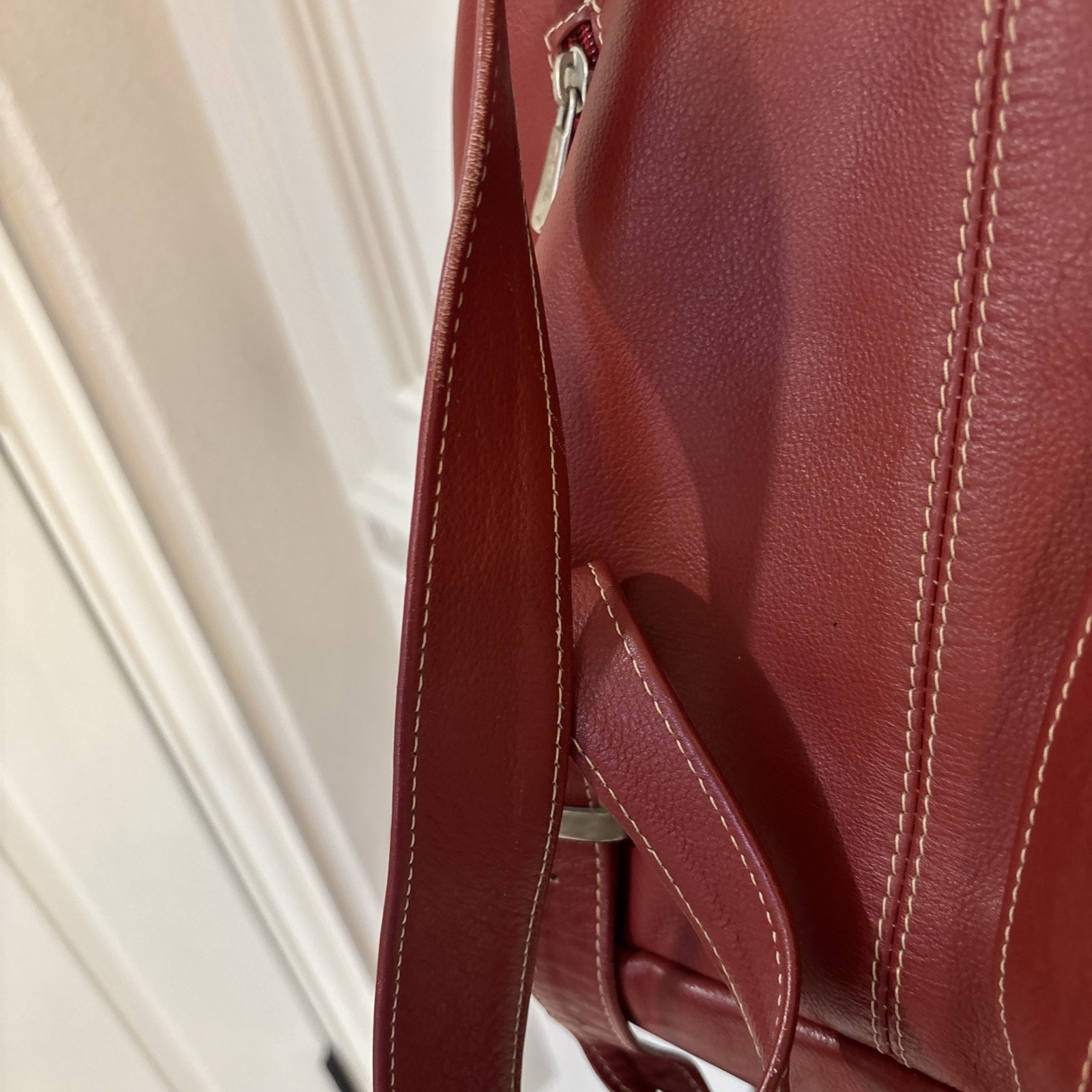 Piel Genuine Leather Red Backpack Purse With Straps Buckle Snap Closure.
