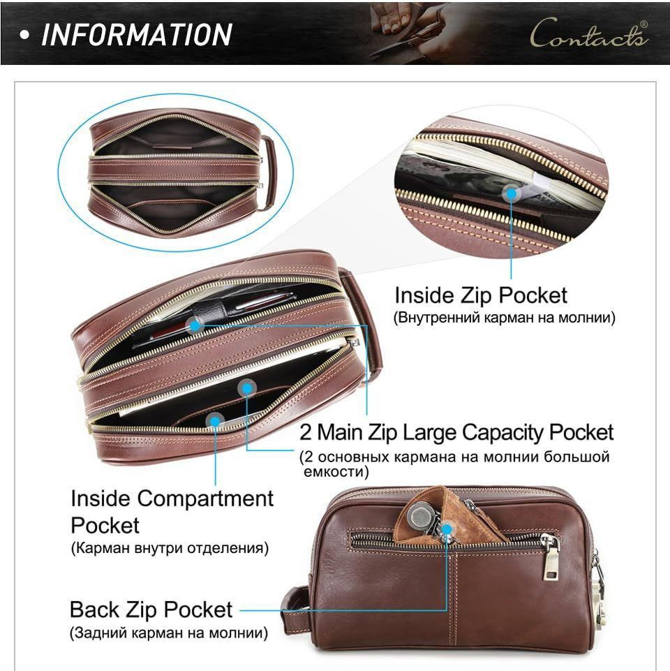 RC ROCKCOW Coded Lock Toiletry Bag, Mens Genuine Leather Travel coffee