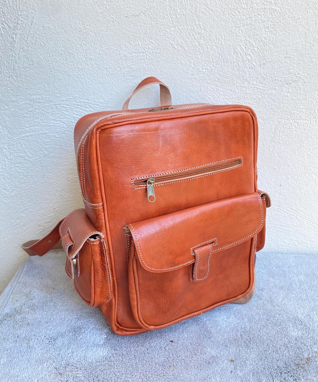 Handcrafted Genuine Leather Square Backpack – Cognac | 38cm x 30cm