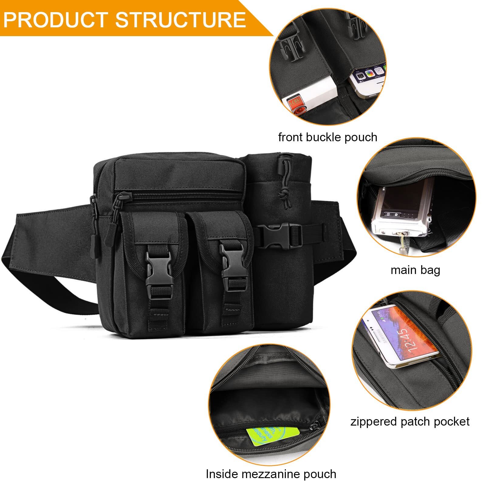 Outdoor Tactical Waist Fanny Pack Pouch Camping Hiking with Water Bottle Bag