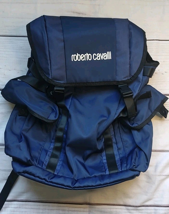 NWT Roberto Cavalli Logo Utility Backpack Navy Blue 18″W x 17″H x 5″D