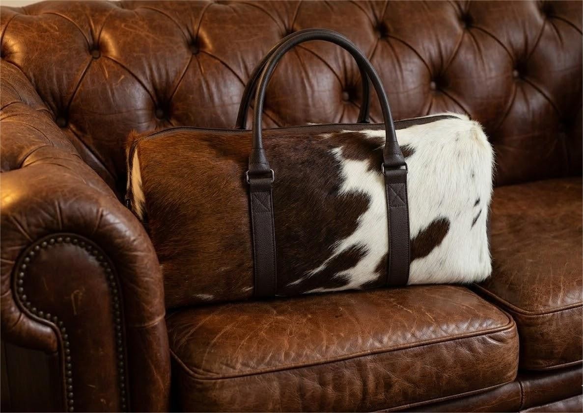Cowhide Leather Duffel Bag | Cow hide Hair On Tricolor Weekender bag Travel Bag
