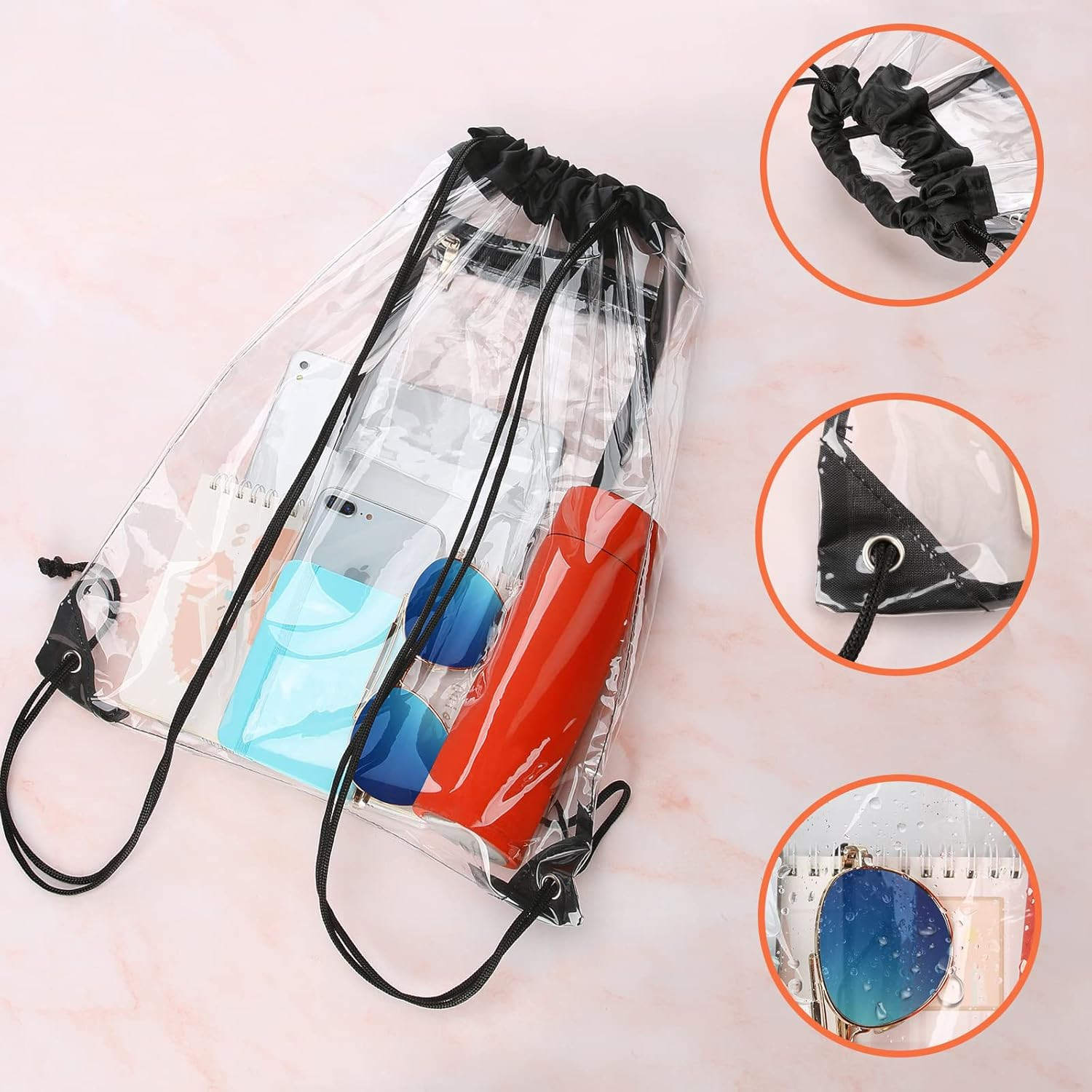 NATURAL STYLE 2 PACK Clear Drawstring Bag Stadium Approved, See through PVC Draw