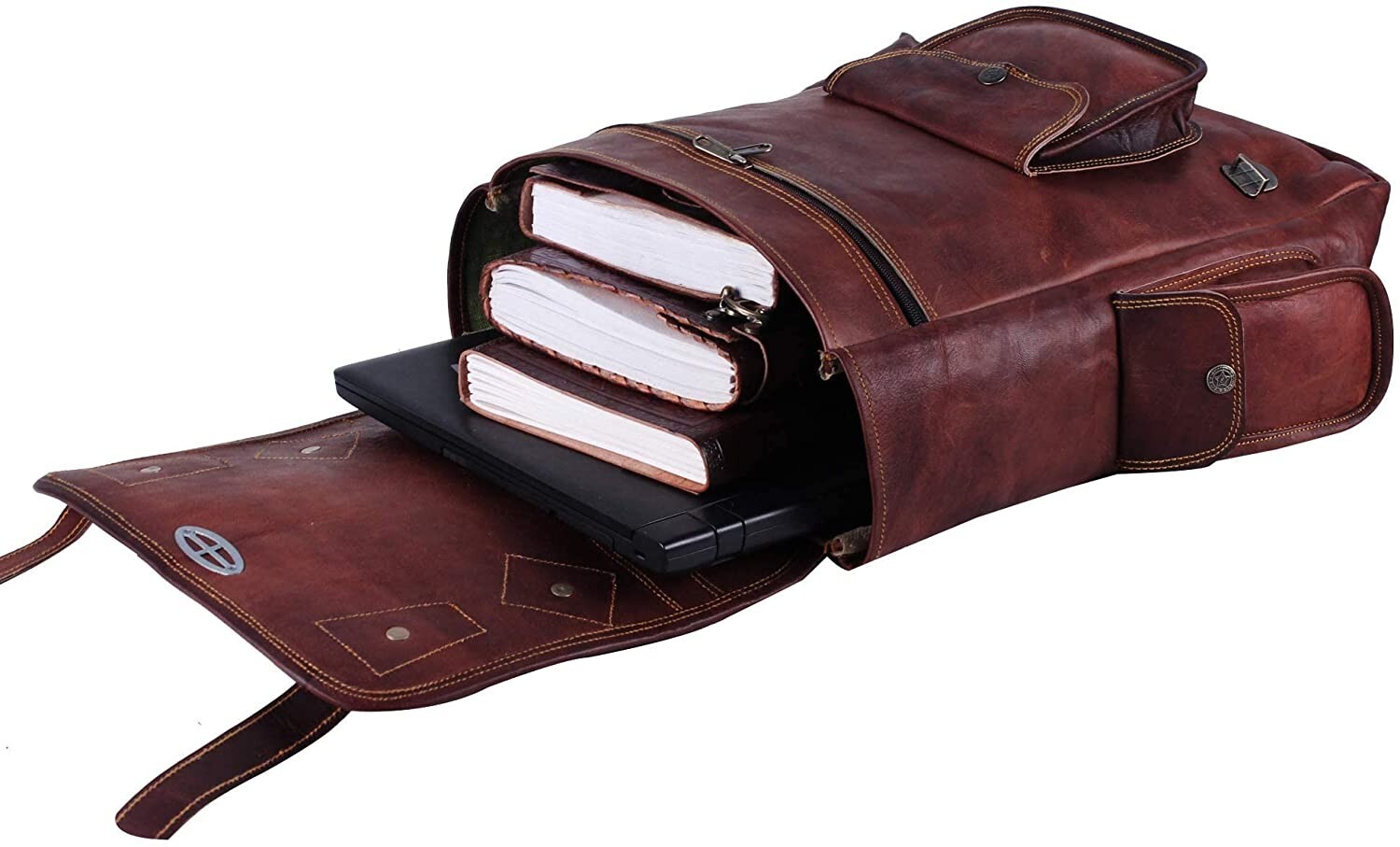New Brown 16 Inch Leather Backpack For Men Vintage Easy Open Push Lock Backpack