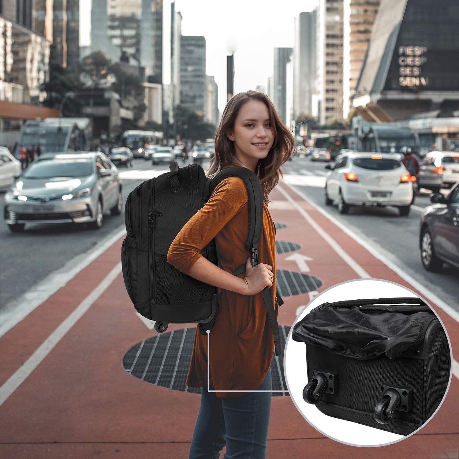 Rolling Backpack for Travel 4 Wheels Laptop Backpack for Women Men Water