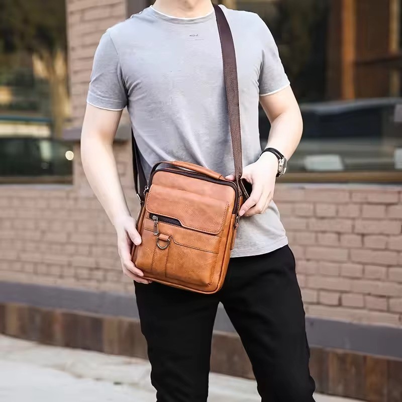 Crossbody PU Leather Waterproof Business Men Shoulder bag KHAKI