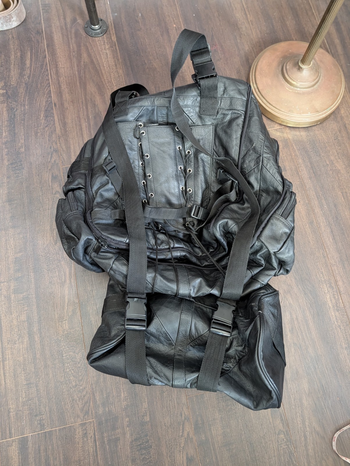 VINTAGE 2-piece Leather Biker Backpack Straps Lace-up Large