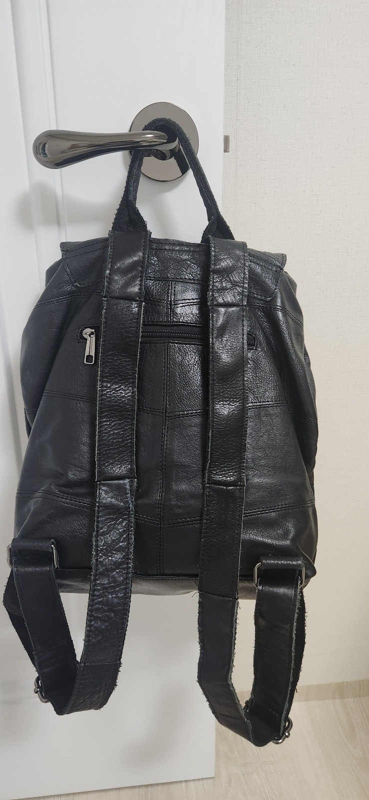 Genuine Lambskin Leather Backpack Vintage Patchwork Shoulder Bag Black Soft Leat