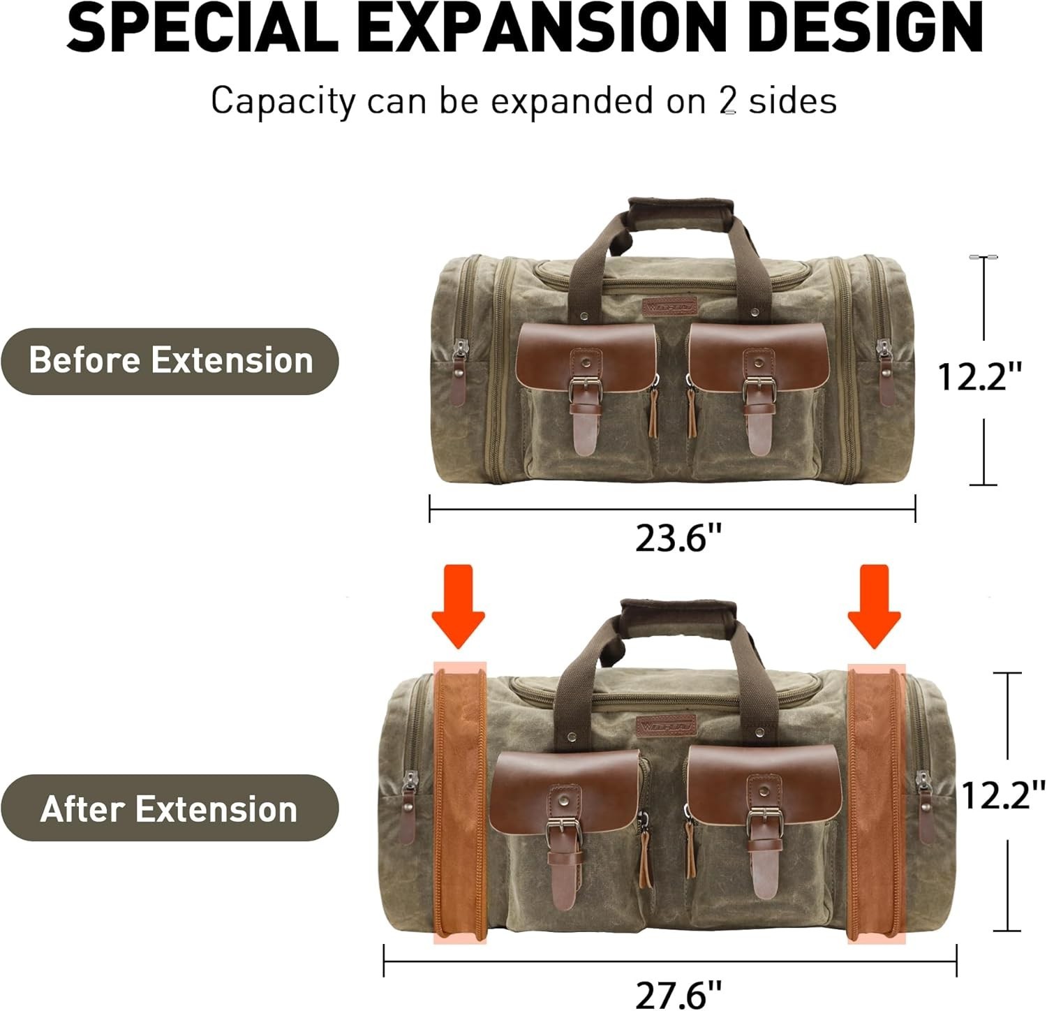 Waterproof Waxed Canvas Duffle Bag – 60L Genuine Leather Weekender Carry-On Bag