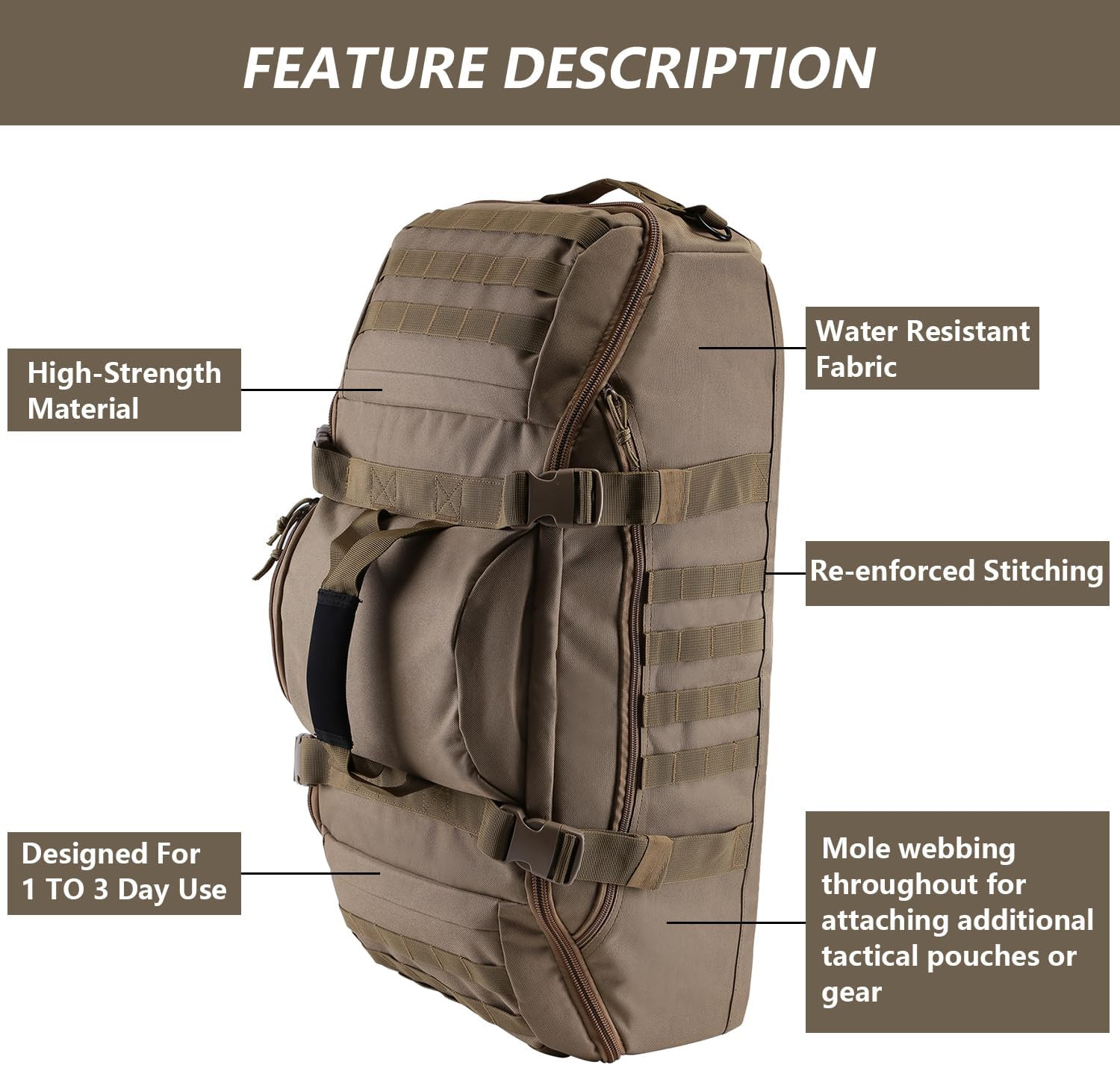 55L Large Duffle Bag, 3-In-1 Tactical Backpack MOLLE Pack for Gym, Sports, Outdo