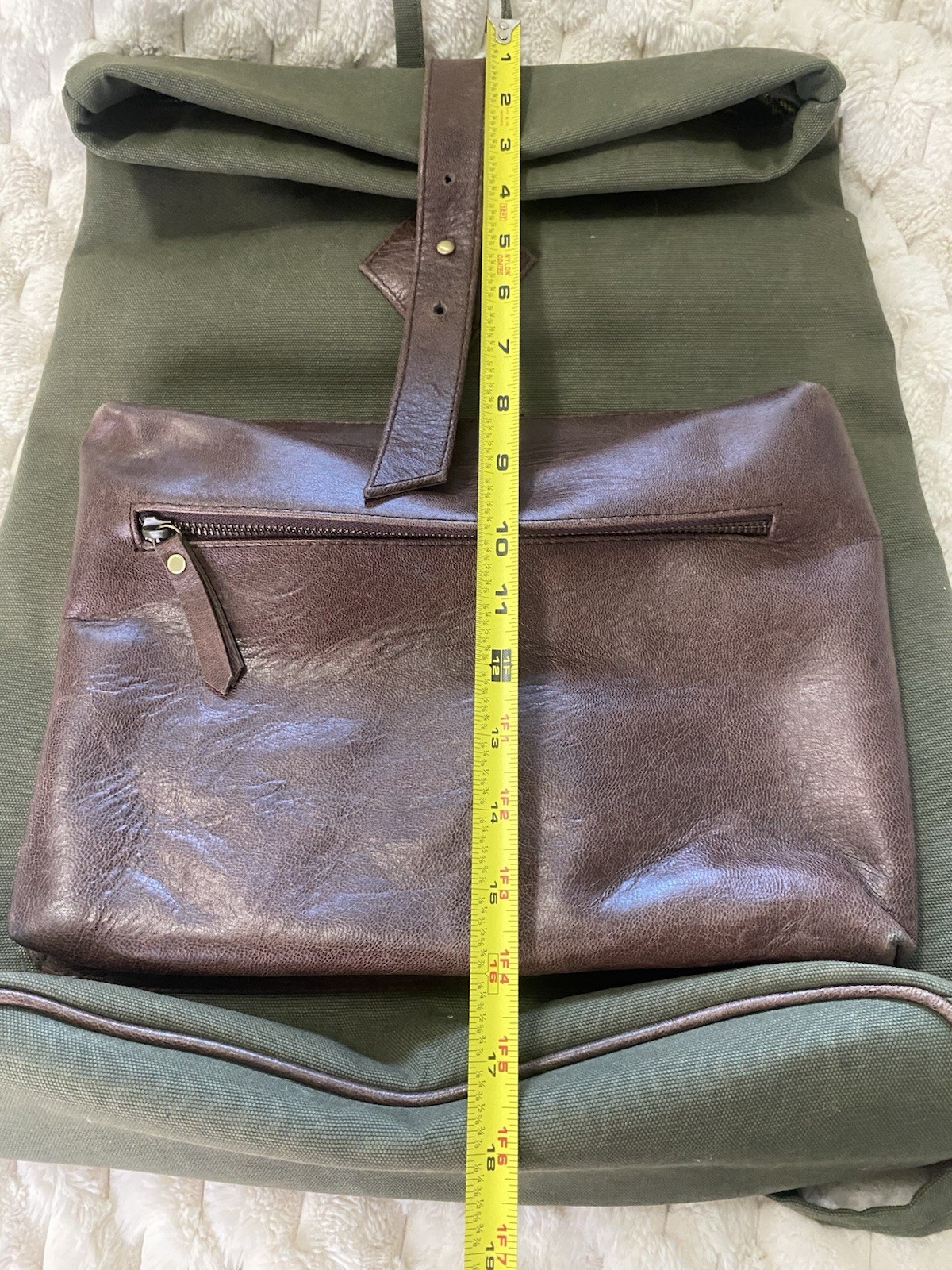 Artisan Handmade Bali Leather & Canvas Backpack Laptop Sleeve Olive Green Brown