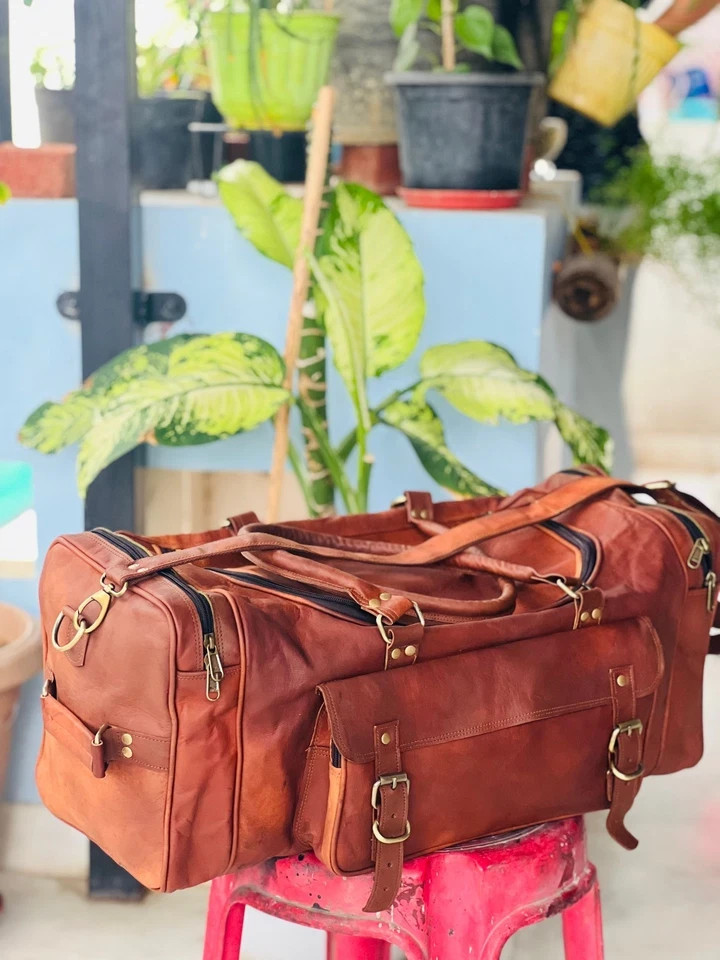 Genuine Goat Leather Travel Bag Gym Duffel Brown Duffle Men Overnight Luggage