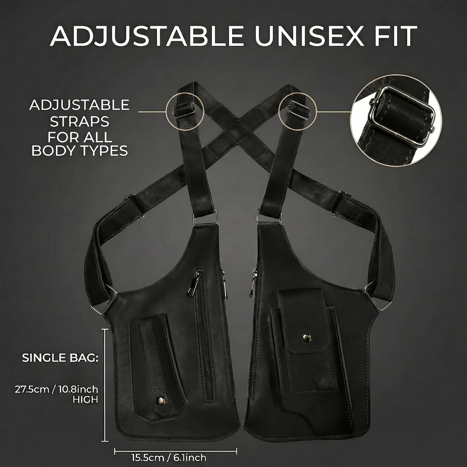 Double Shoulder Armpit Bag for Man,Adjustable Underarm One Size, Black