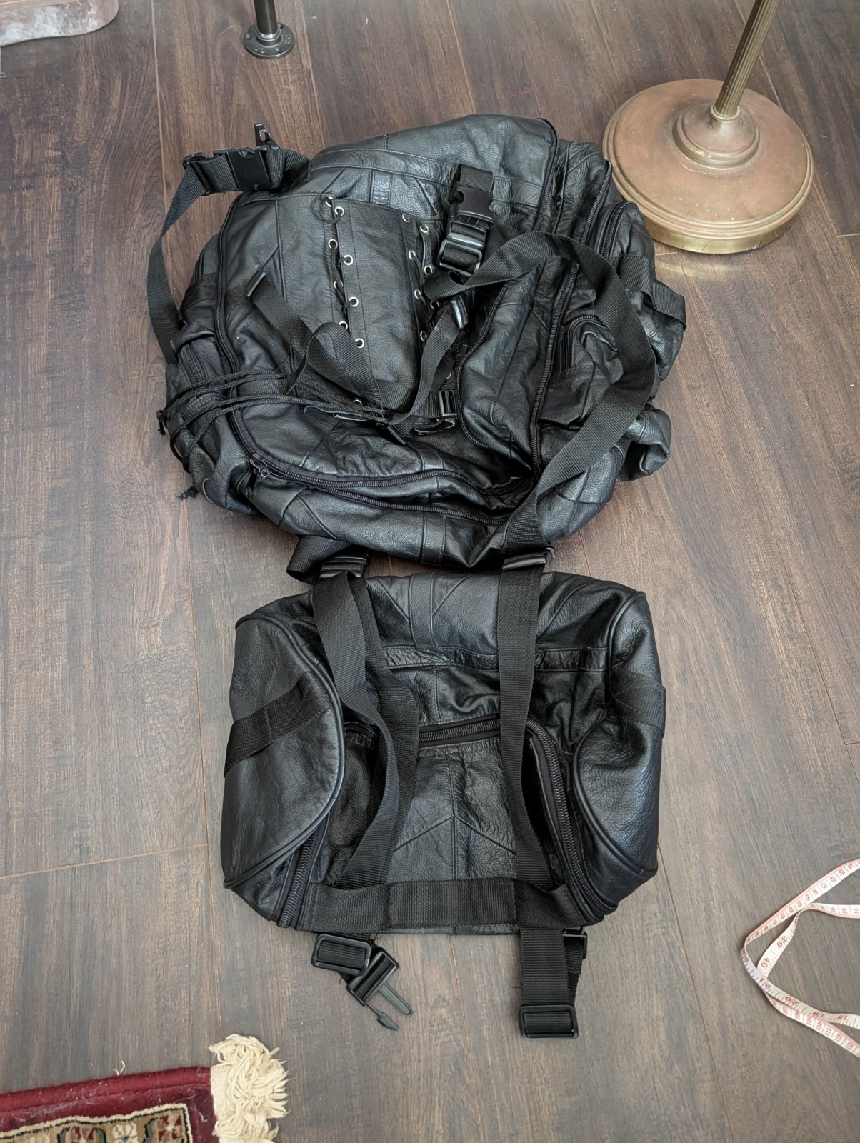VINTAGE 2-piece Leather Biker Backpack Straps Lace-up Large