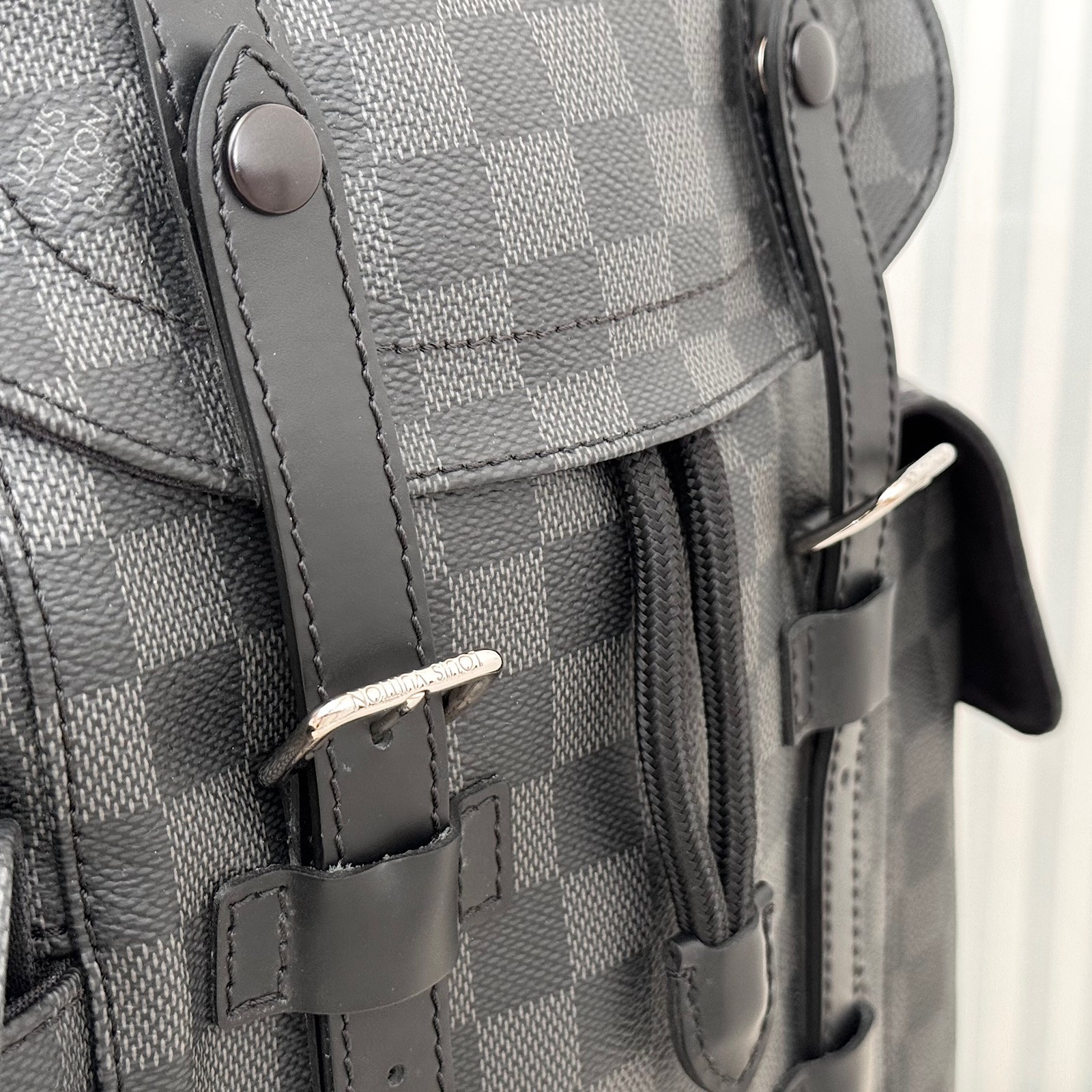 LOUIS VUITTON Christopher MM N41379 Damier Graphite Backpack Black Leather Men’s